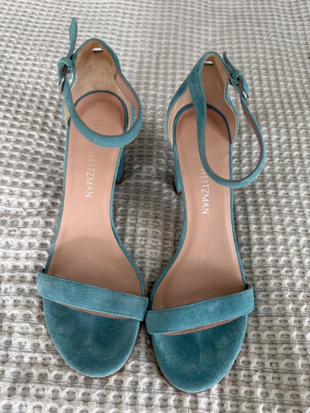 Stuart Weitzman Teal/light blue Suede Open-Toe Ankle-Strap Sandals in size 7